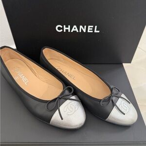 CHANEL Black and Silver Cap Toe Flats